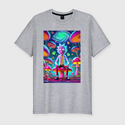 Мужская slim-футболка Рик среди неоновых грибов - нейроарт фантазия