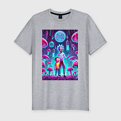 Мужская slim-футболка Rick and Morty among neon mushrooms - ai art fanta
