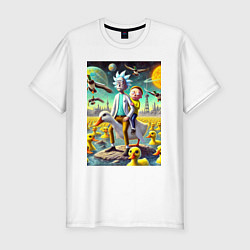 Мужская slim-футболка Рик и Морти сидят на утке на одноимённой планете