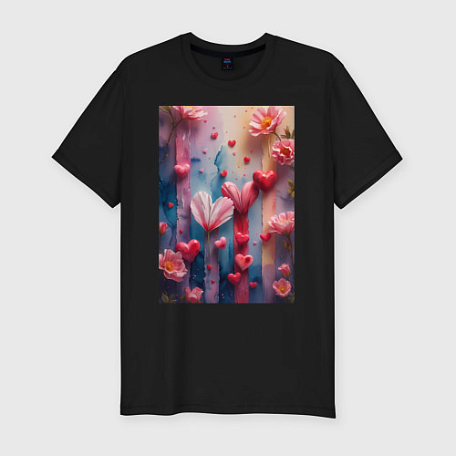 Мужская slim-футболка Композиция из цветов и сердечек / Черный – фото 1