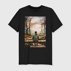 Футболка slim-fit Мальчик на скамейке, цвет: черный