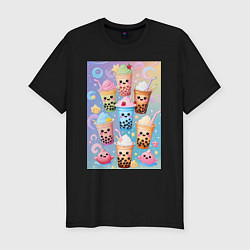 Футболка slim-fit Улыбающиеся яркие разноцветные стаканчики с bubble, цвет: черный