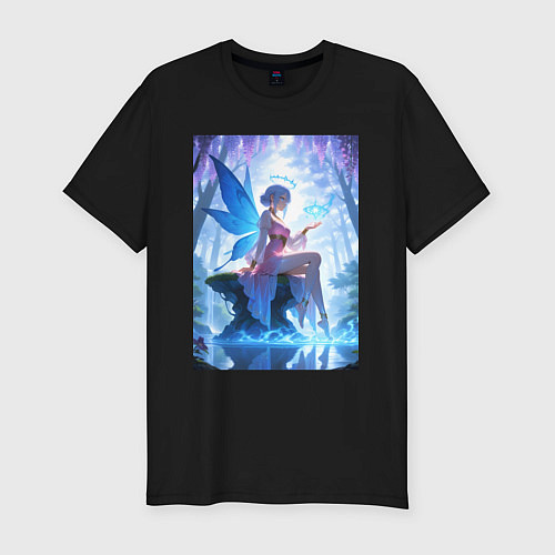 Мужская slim-футболка Прекрасная фея посреди лесного пруда / Черный – фото 1