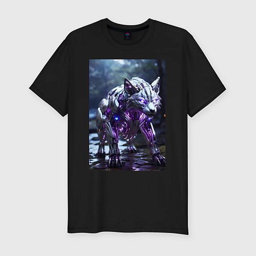 Мужская slim-футболка Киборг лиса с неоновой подсветкой / Черный – фото 1