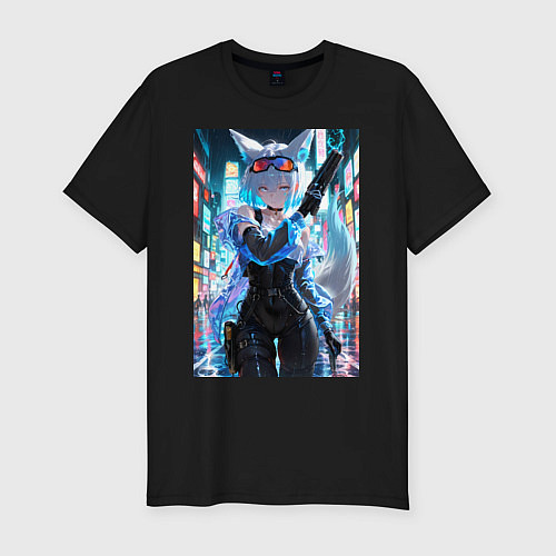 Мужская slim-футболка Лиса наемник в стиле Cyberpunk / Черный – фото 1