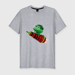 Мужская slim-футболка Зеленый монстр на красной ракете