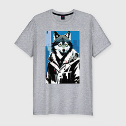 Мужская slim-футболка Волк в мегаполисе - нейроарт