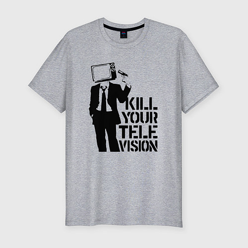 Мужская slim-футболка Убей свой телевизор / Меланж – фото 1