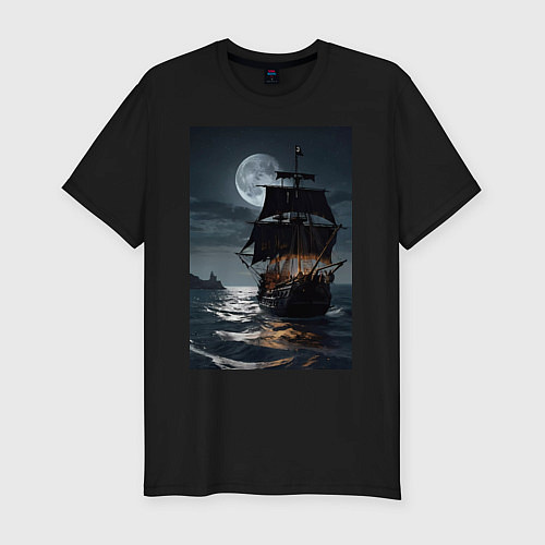 Мужская slim-футболка Пиратский корабль в шторм / Черный – фото 1