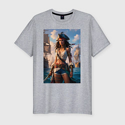 Футболка slim-fit Пиратка на фона флотилии кораблей, цвет: меланж