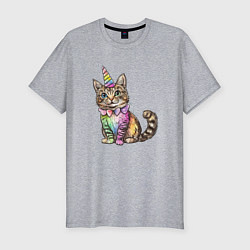 Мужская slim-футболка Праздничный котик в колпаке единорога