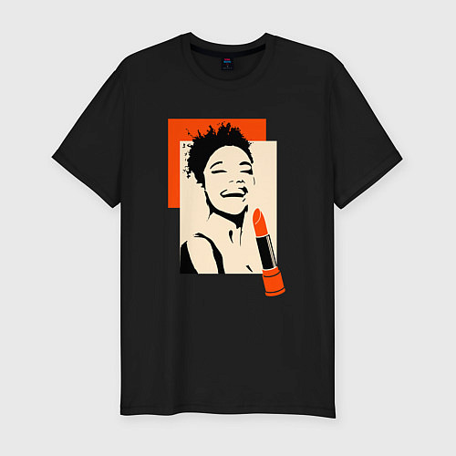 Мужская slim-футболка Девушка с помадой в стиле поп-арт / Черный – фото 1