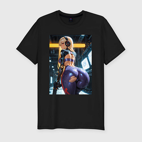 Мужская slim-футболка Девушка с оружием в киберпанк стиле / Черный – фото 1