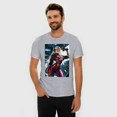 Мужская slim-футболка Девушка с оружием в киберпанк стиле / Меланж – фото 3