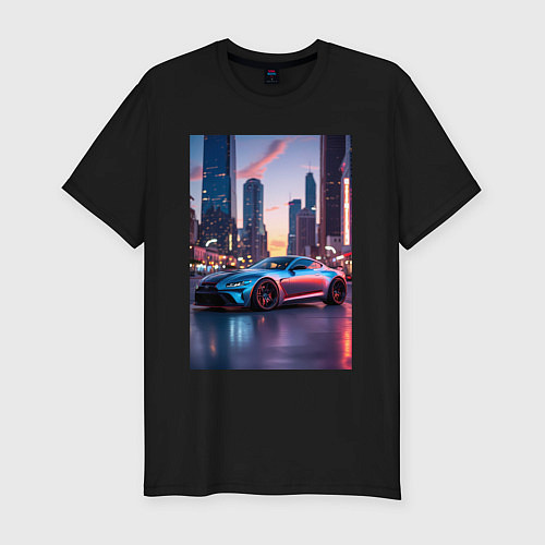 Мужская slim-футболка Суперкар на фоне небоскребов / Черный – фото 1