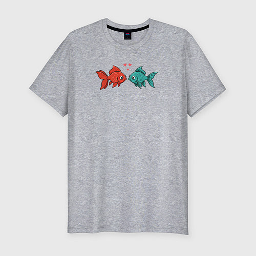 Мужская slim-футболка Красная и бирюзовая рыбки с сердечками / Меланж – фото 1