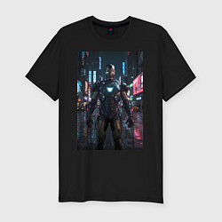 Футболка slim-fit Железный человек посреди ночного города, цвет: черный
