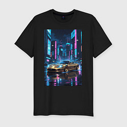 Футболка slim-fit Суперкар едет среди небоскребов, цвет: черный