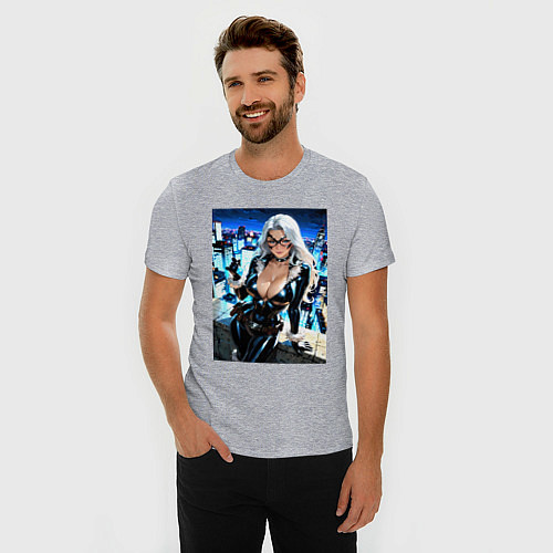 Мужская slim-футболка Черная кошка с брилиантом на крыше здания / Меланж – фото 3