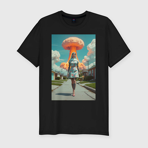 Мужская slim-футболка Девушка в костюме монашки уходит от взрыва / Черный – фото 1