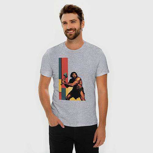 Мужская slim-футболка Поп-арт неандерталец / Меланж – фото 3