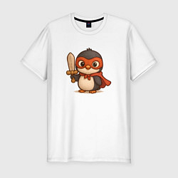 Футболка slim-fit Маленький пингвин супергерой с мечем, цвет: белый