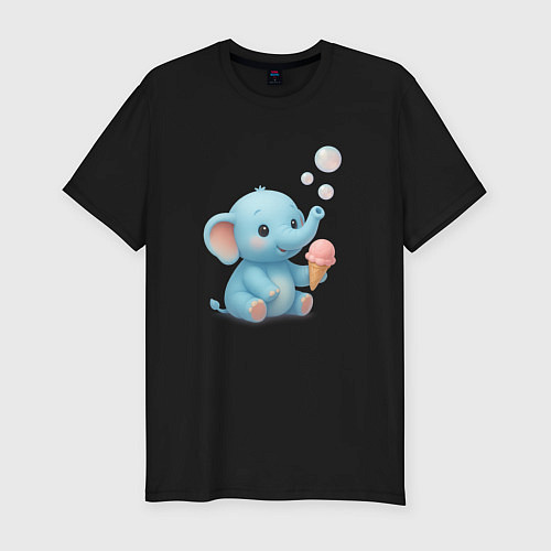 Мужская slim-футболка Маленький слоненок с мороженым / Черный – фото 1