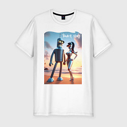 Футболка slim-fit Робот-сгибальщик Бендер со своей чувихой на пляже, цвет: белый