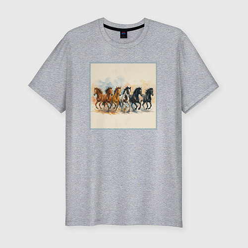 Мужская slim-футболка Косяк коней Акварель / Меланж – фото 1