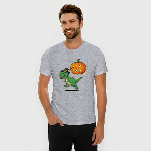 Мужская slim-футболка Динозавр волшебник и тыква / Меланж – фото 3