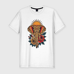 Мужская slim-футболка Слон на фоне солнца с розами в стиле тату