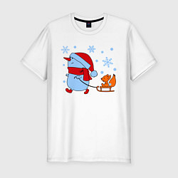 Мужская slim-футболка Снеговик с санками