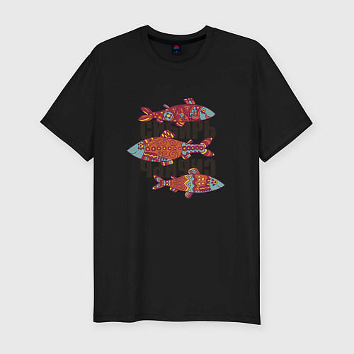 Мужская slim-футболка Сибирь: росписная рыба / Черный – фото 1