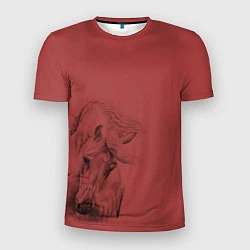 Мужская спорт-футболка Конь на красном фоне