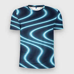 Мужская спорт-футболка Неоновый свет Волны голубые на темном фоне