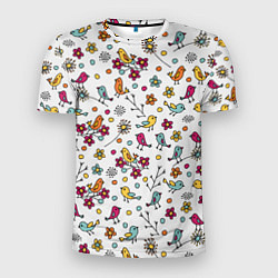 Мужская спорт-футболка Птицы и цветы Разноцветный узор в дудл стиле