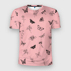 Мужская спорт-футболка Цветочки и бабочки на розовом фоне
