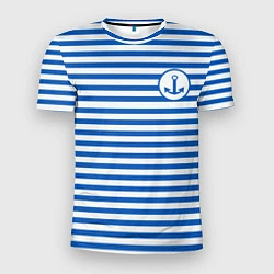 Мужская спорт-футболка Морская тельняшка - бело-синие полосы и якорь