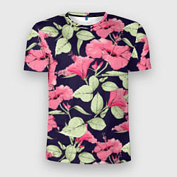 Мужская спорт-футболка Цветы Розовые Гибискусы На Тёмно-Синем Фоне