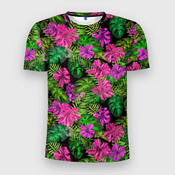 Мужская спорт-футболка Тропические листья и цветы на черном фоне