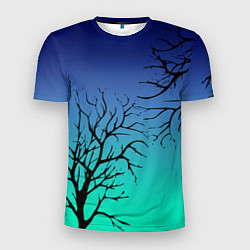 Мужская спорт-футболка Черные абстрактные ветки деревьев на сине-зеленом