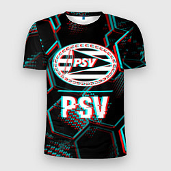 Футболка спортивная мужская PSV FC в стиле Glitch на темном фоне, цвет: 3D-принт