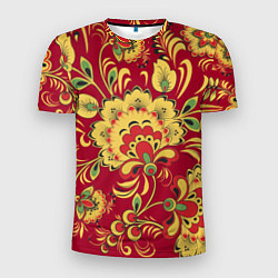 Мужская спорт-футболка Хохломская Роспись Цветы На красном Фоне