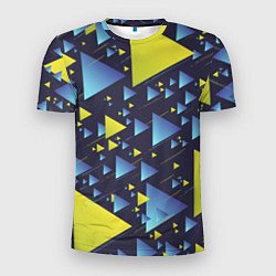 Мужская спорт-футболка Абстракция Из Жёлтых и Синих Треугольников На Тёмн