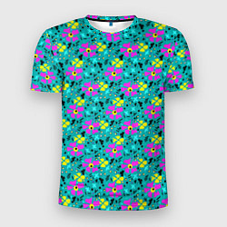 Мужская спорт-футболка Яркий цветочный узор на бирюзовом фоне