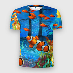 Мужская спорт-футболка Затонувший корабль в окружении обитателей океана