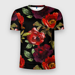 Мужская спорт-футболка Цветы Нарисованные Розы На Чёрном Фоне