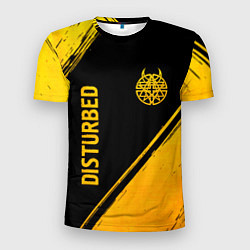 Мужская спорт-футболка Disturbed - gold gradient: символ и надпись вертик