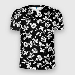 Мужская спорт-футболка Белые цветы на чёрном фоне Белые цветы на чёрном ф
