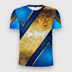 Мужская спорт-футболка Золотой герб России на синем объемном фоне